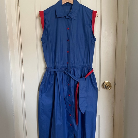 Dresses & Skirts - Vintage 1970-80s Blue and Red Sleeveless Button-Up Dress with contrasting detail